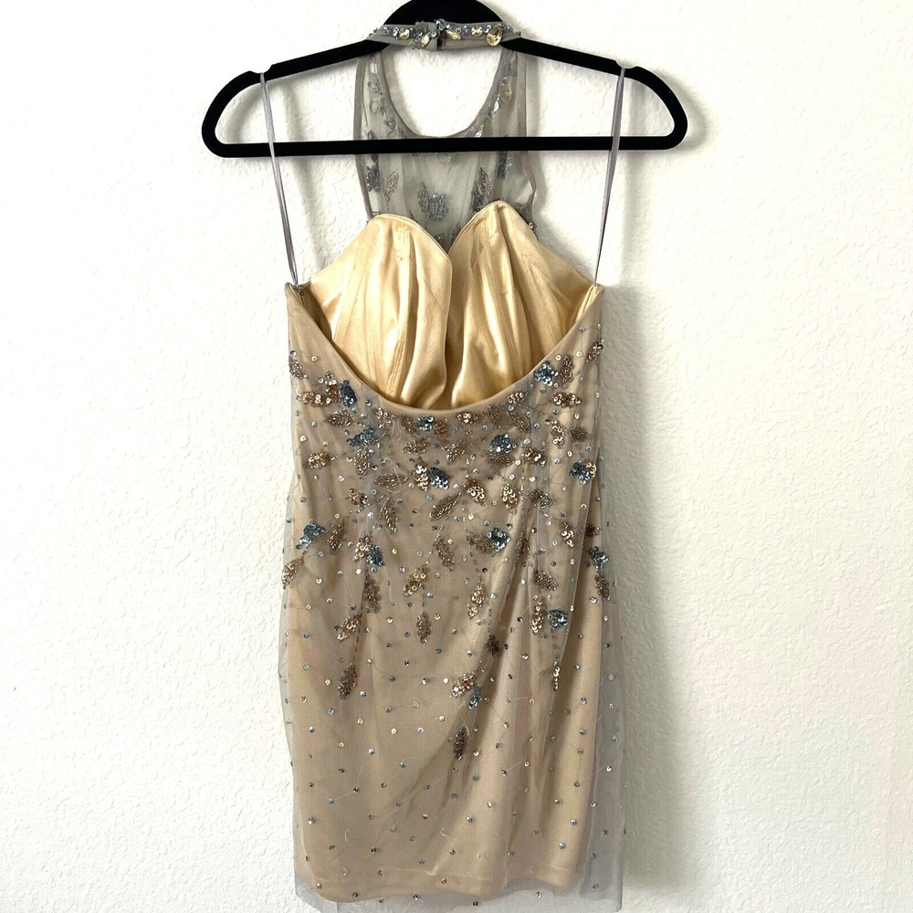 Happy Joe's Sz M Halter Sequin Beaded Party Dress Beige Cocktail Hoco Prom Glam - Picture 3 of 11